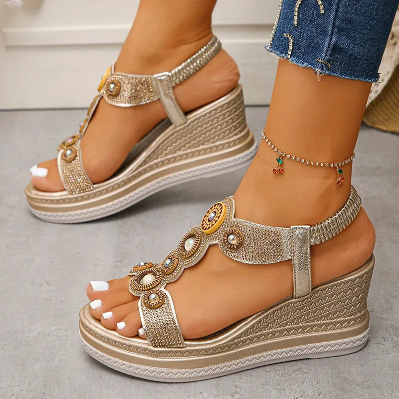 Fashion Crystals Wedges Heel Sandals Women Summer Chunky Platform Bohemian Sandalias Mujer Slip On High Heels Sandles Female 43