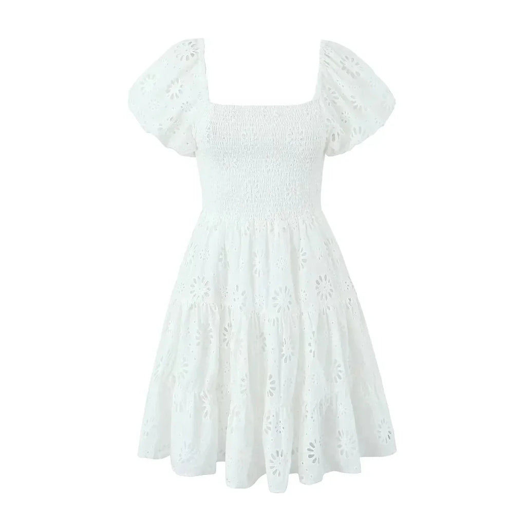 Puff Sleeve Cotton White Lace Dress Women Summer 2025 Square Collar Vintage Beach Short Dress Petite Flower Embriodery  Dress