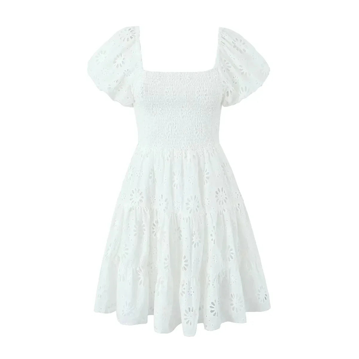 Puff Sleeve Cotton White Lace Dress Women Summer 2025 Square Collar Vintage Beach Short Dress Petite Flower Embriodery  Dress