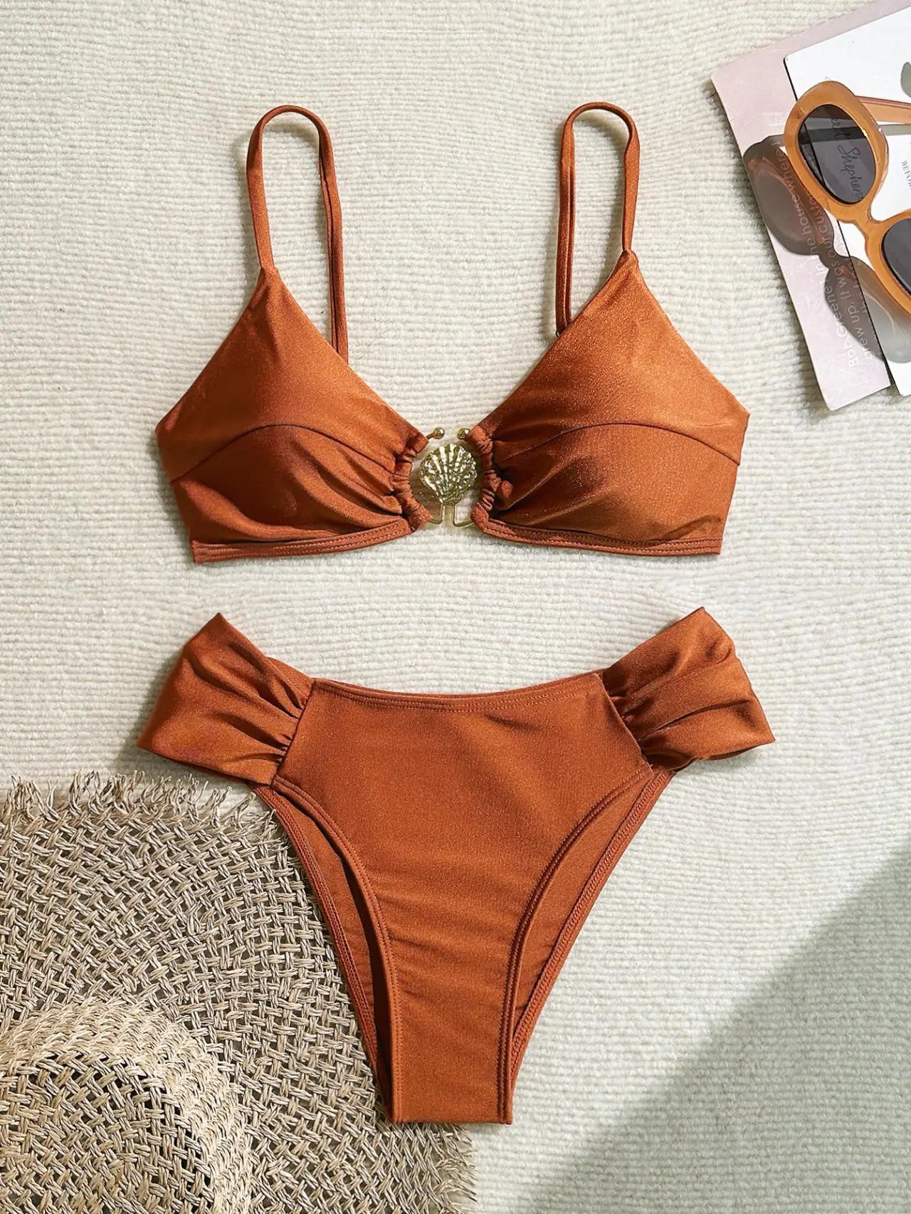 S - XL Metal Shell Halter Female Swimsuit High Waist Bikini Women Swimwear Two-pieces Bikini set Bather Bathing Suit Swim Lady