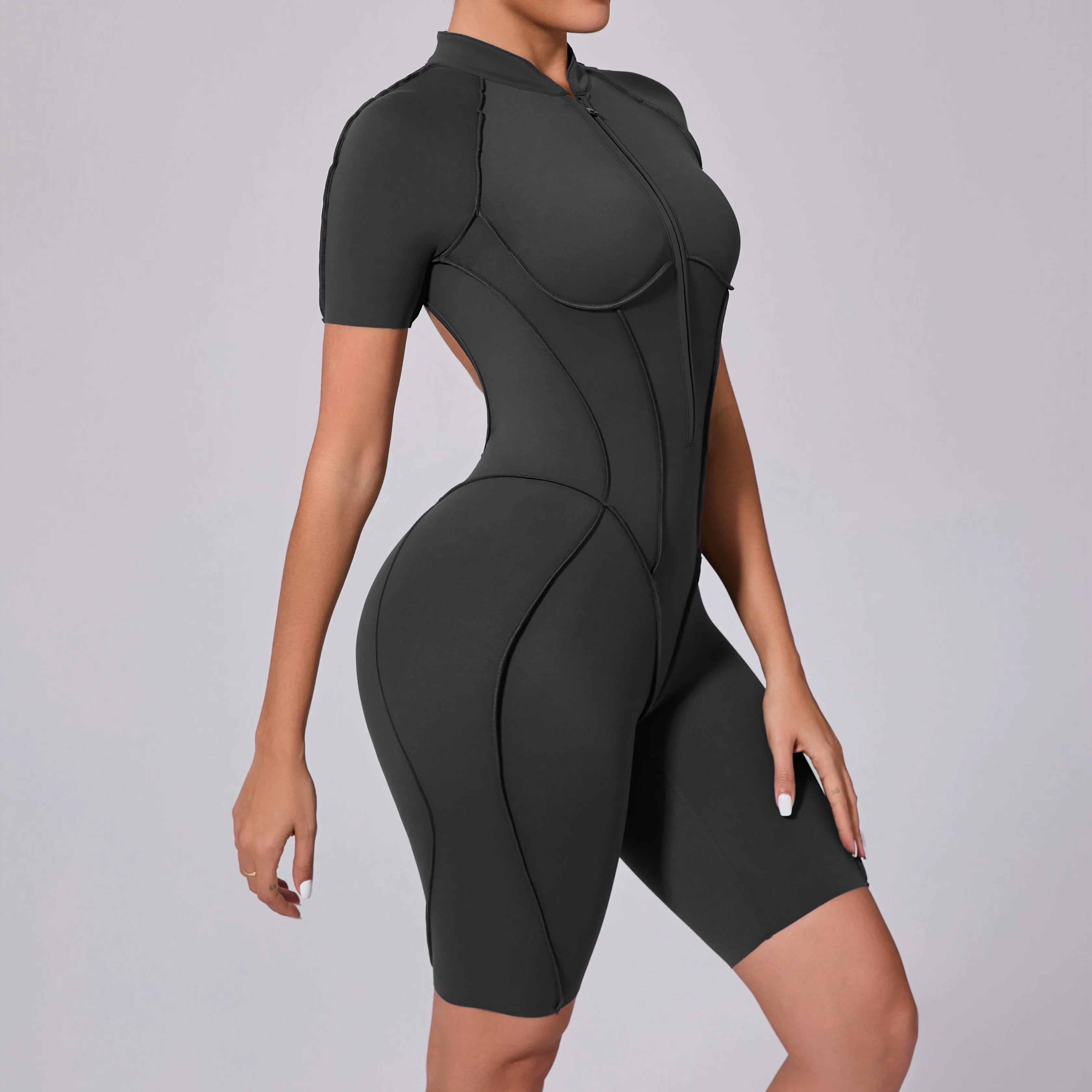 Summer Zipper Workout Jumpsuit Sports Overalls Women Running Fitness Short Sleeve Yoga Bodysuit