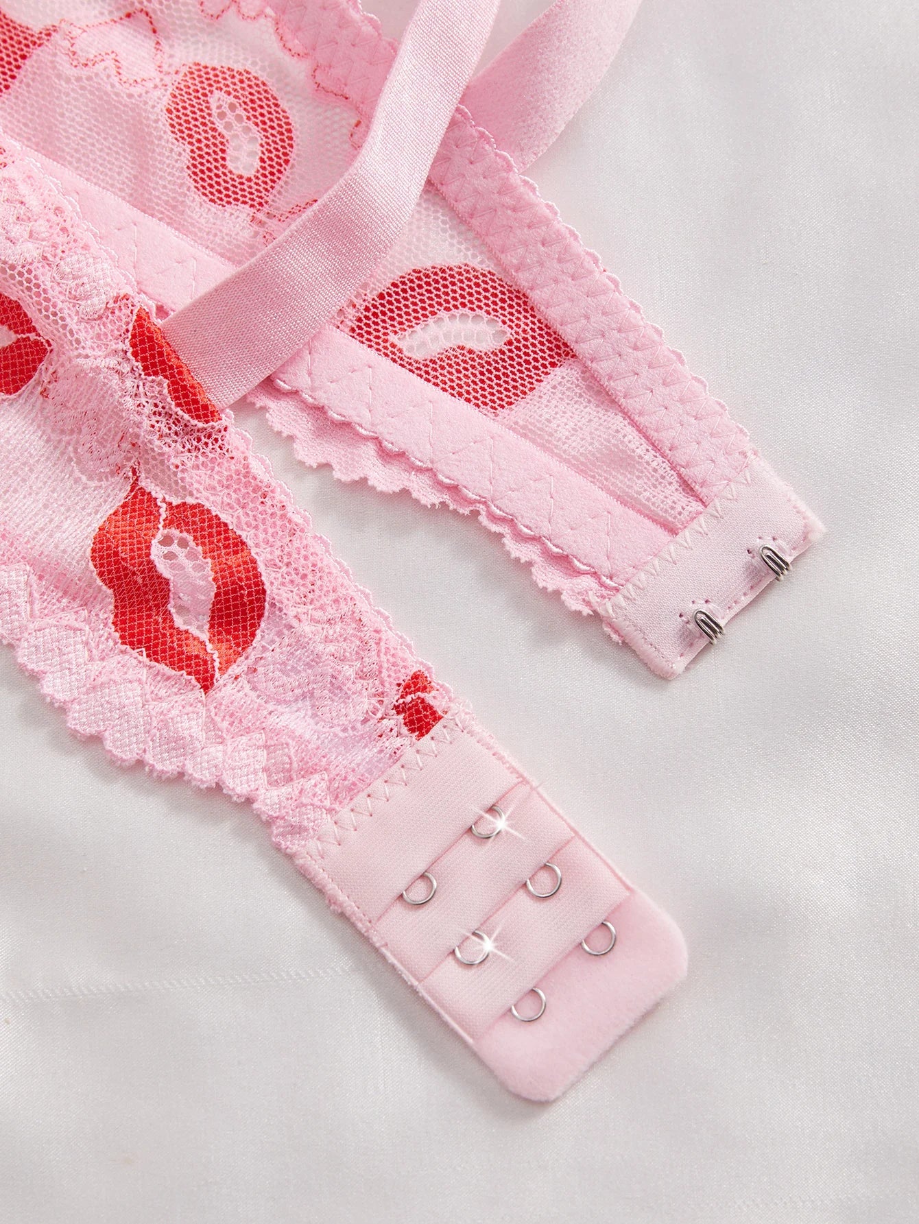 3PCS Sexy Lace Lip Print Women Lingerie Set Hollow Out Mesh Unlined Underwire Bra Bow & Rhinestone Sexy Bras