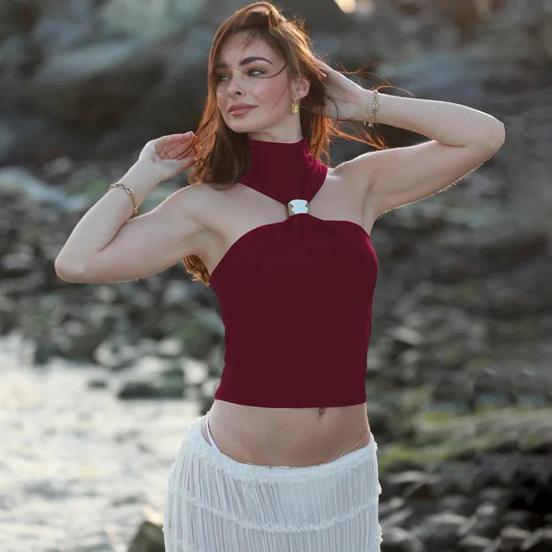 FDYOUI 2026 Summer Halter Neck Off Shoulder Corset High Street Women Sexy Sleeveless Crop Top Hollow Out Slim Tank Tops Clubwear