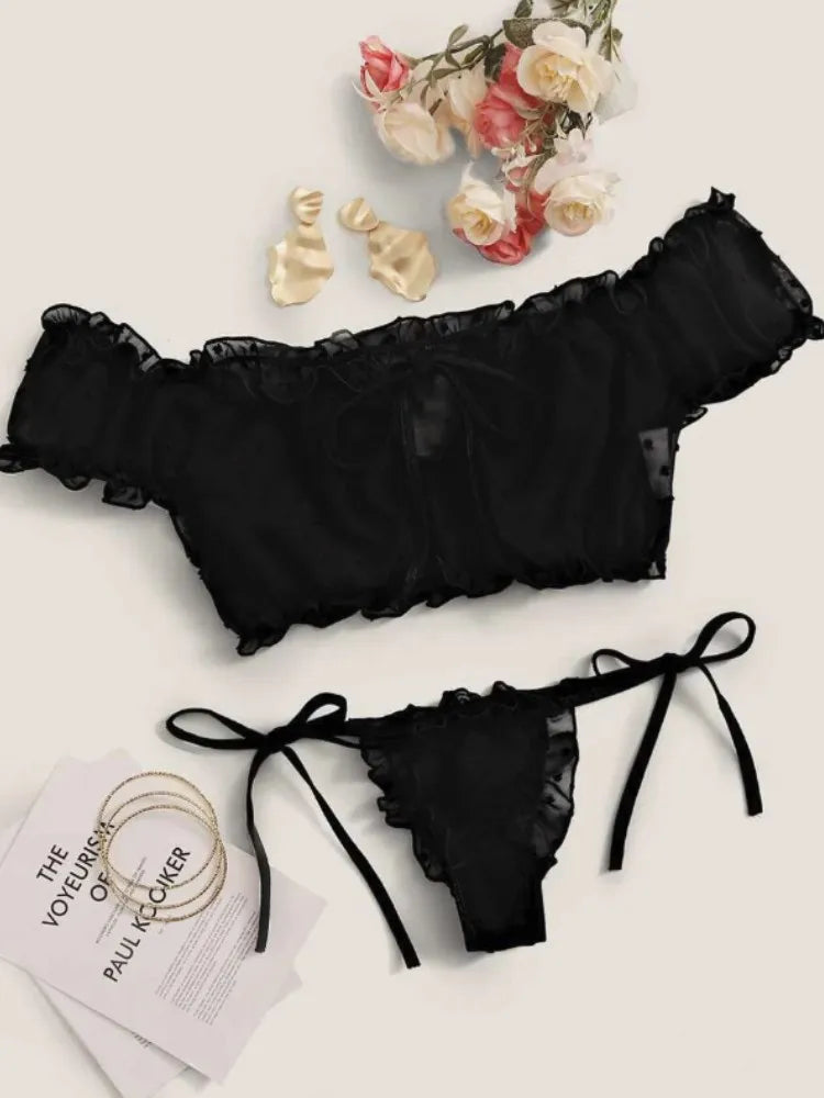 Porn Women Sexy Lingerie Off Shoulder Bralette Strapless Ruffles Bra and Panty Sets Female Transparent Underwear