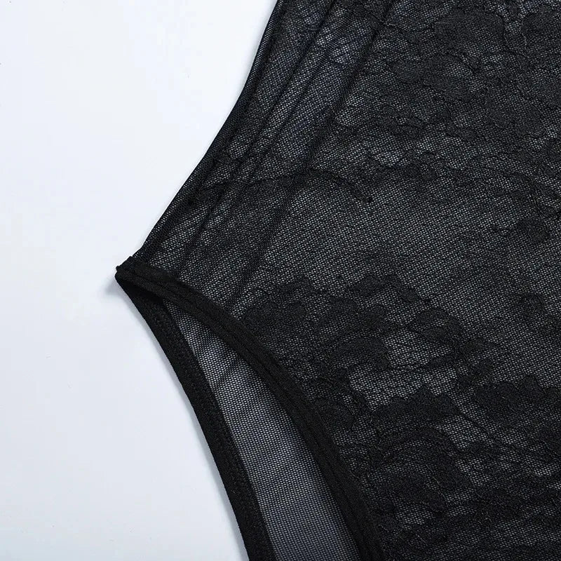 Toucheart Sexy Mesh Patchwork Embroidery Jumpsuit For Women Lace Sling Underwear Solid Color Sexy See-Through Backless Jumpsuit