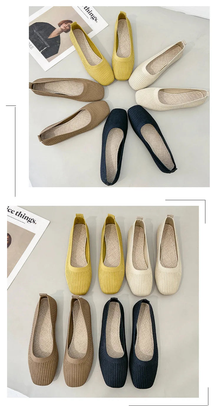 Women Leisure Flats Summer Autumn Flat Shoes Breathable Knitted Square Toe Slip-on Female Daily Walking Driving Loafers