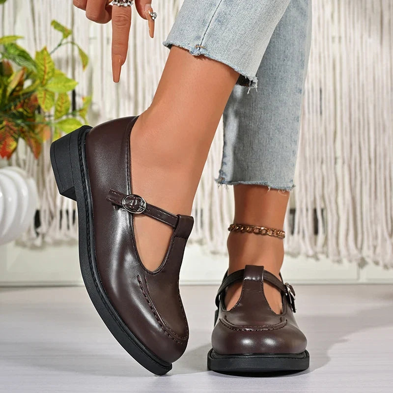 Vinatge T-Strap Med Heels Mary Jane Shoes Women Korean Buckle Strap Pu Leather Pumps Woman British Style Platfrom Student Shoes