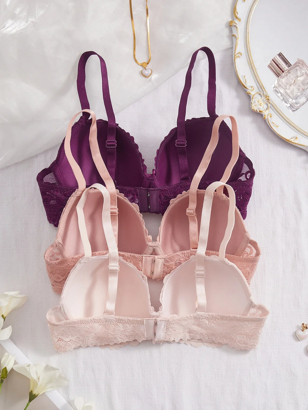 3Pcs Floral Lace Women's Underwear Set Daily Push-Up Bra Rhinestone Breathable Mesh Bra for Women