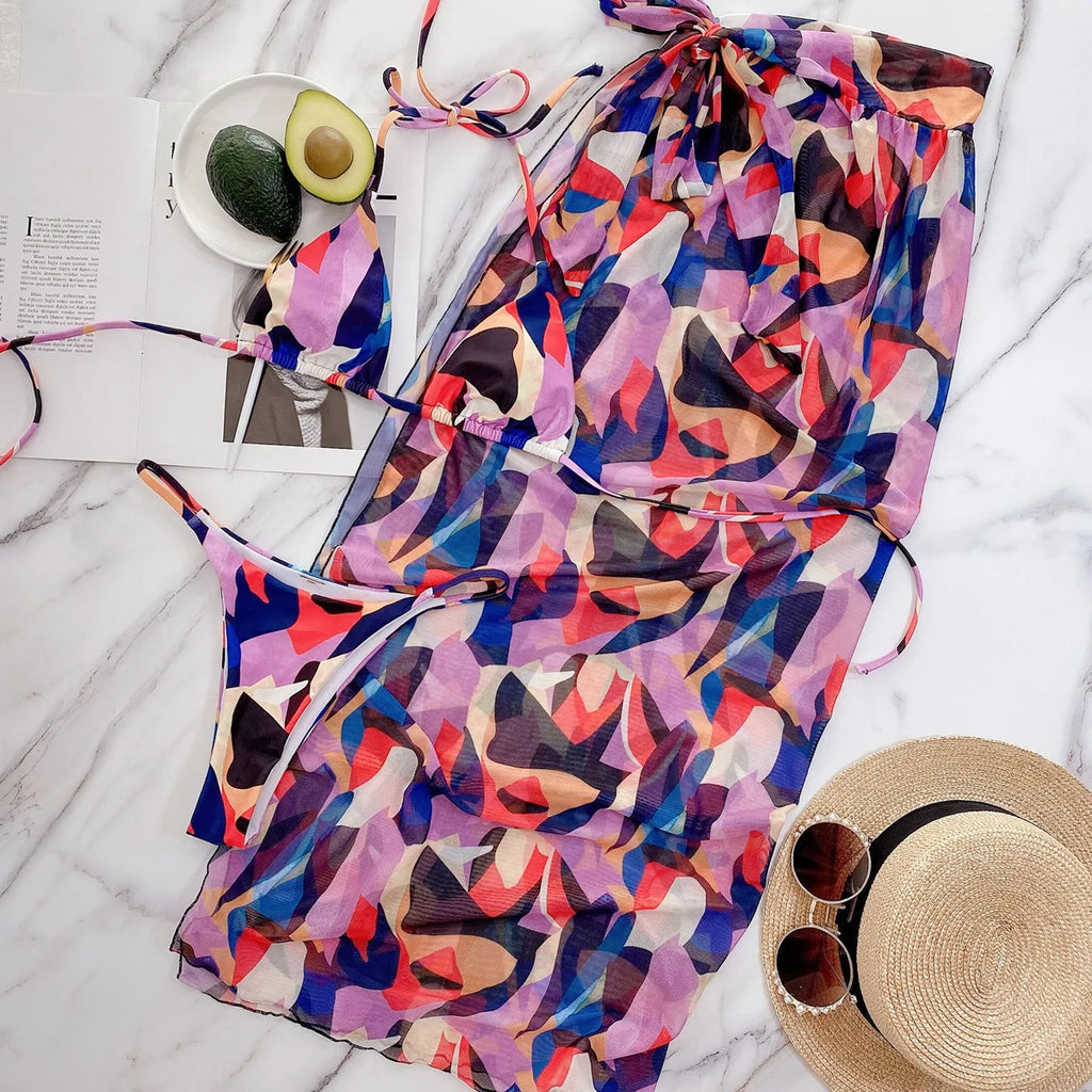 2026 Sexy Bikini Set 3-piece Print Halter Swimwear Swimsuit Women Bikinis Set Bathing Suit Beach Dress Bikini Cover Up Female