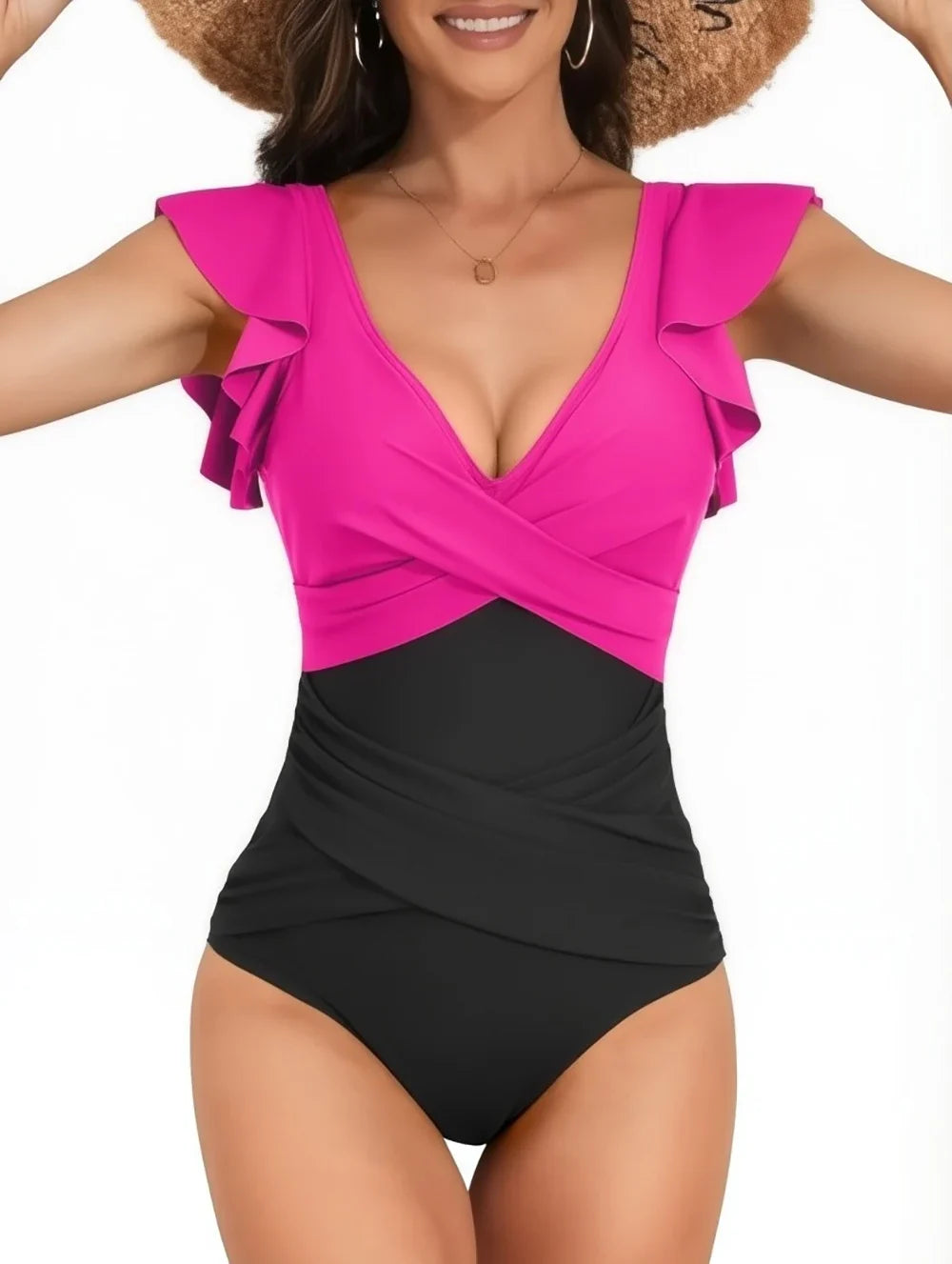 2026 Sexy Ruffle Swimsuit One Piece V-neck Drawstring Swimwear Women Bathers Bathing Swimming Swim Suit Female Beachwear XXL