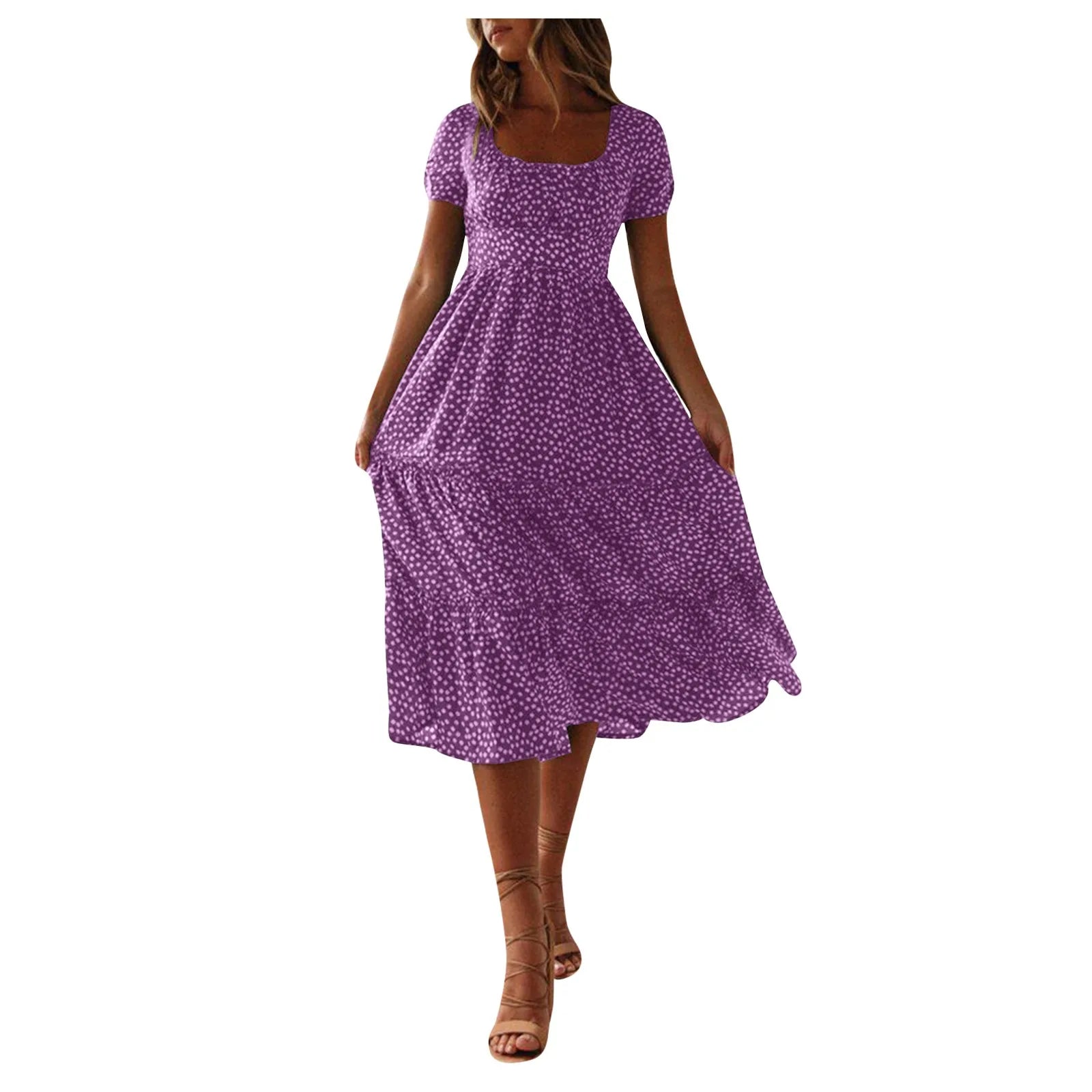 Women'S Summer Dress Fragmented Flower Flare Short Sleeve Casual Flowy Midi Dresses Elegant Temperament Party Vestidos 2024 Hot