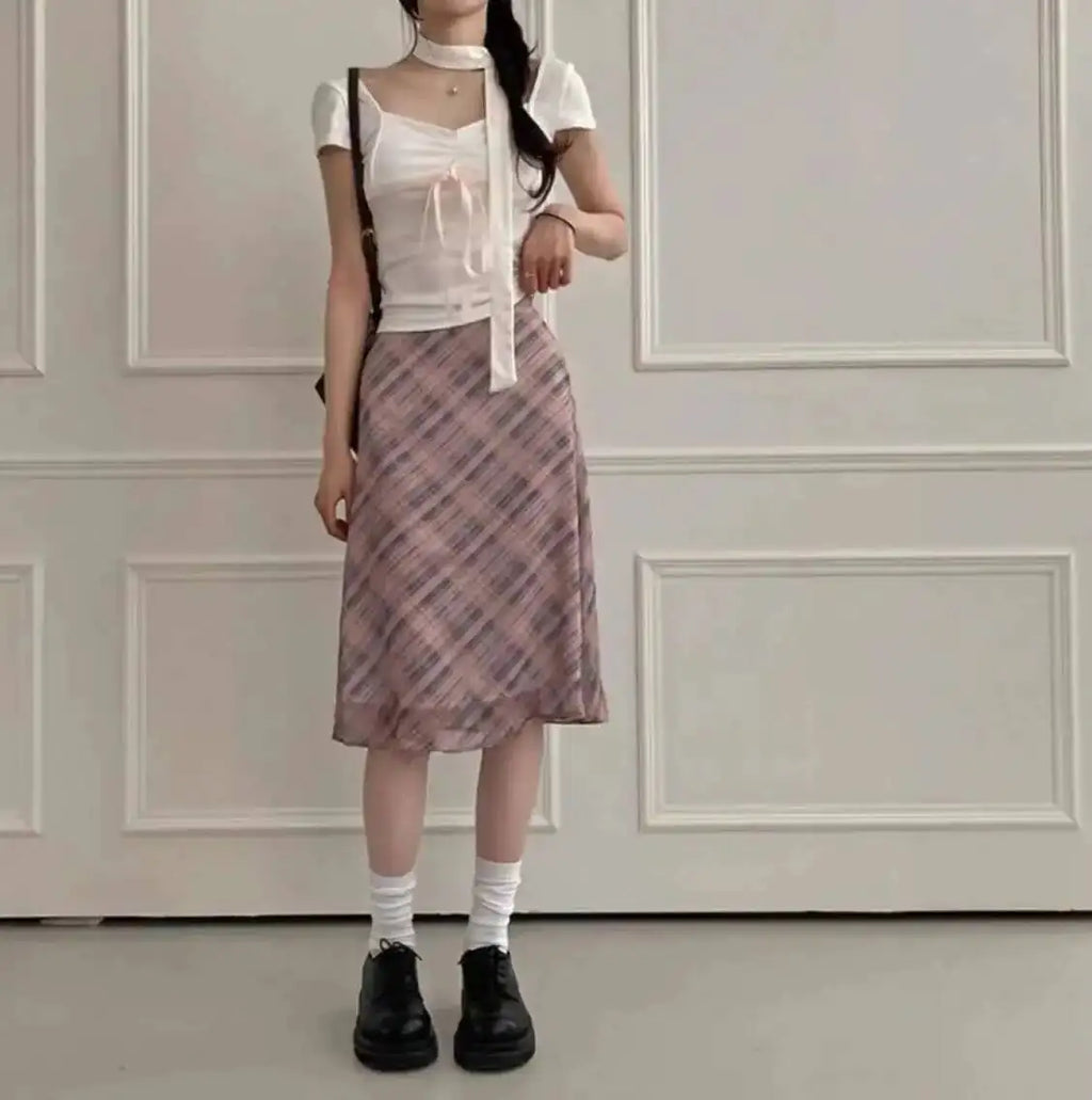 Sweet Skirts Chic Plaid Mini Skirt High Waist A-Line Korean Sle Commute Spring New Arrival Women's Fashion Mid-Length Skirts I3G