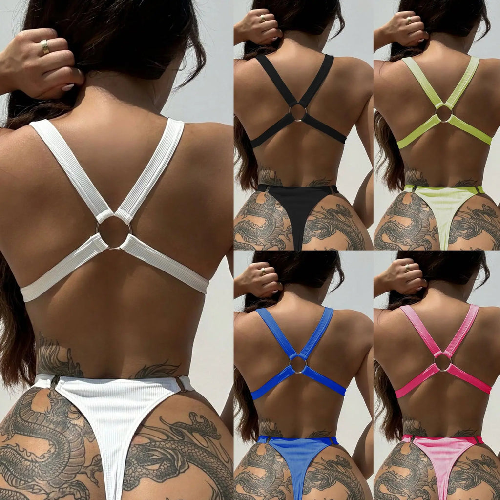 Sexy Ring Linked Backless Bikini Set Women Solid Black White Hollow Out Push Up Micro Swimsuit 2024 Bathing Suit Thong Swimwear