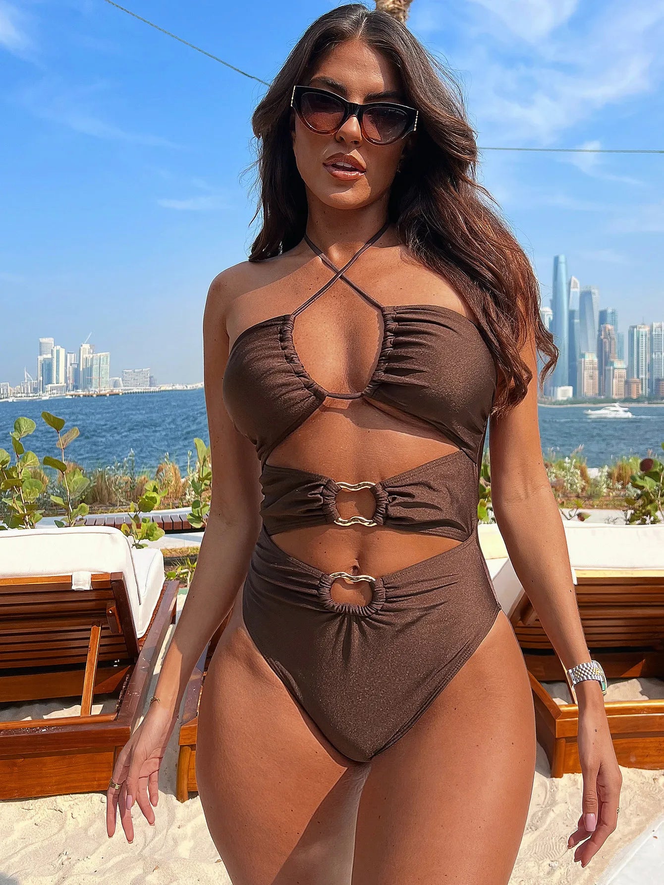 2025 New Fashion Bikini Bikini Brown Hollow Strap One-piece Swimsuit Beach One-piece Swimsuit Bathing Suit Maillot De Bain Femme