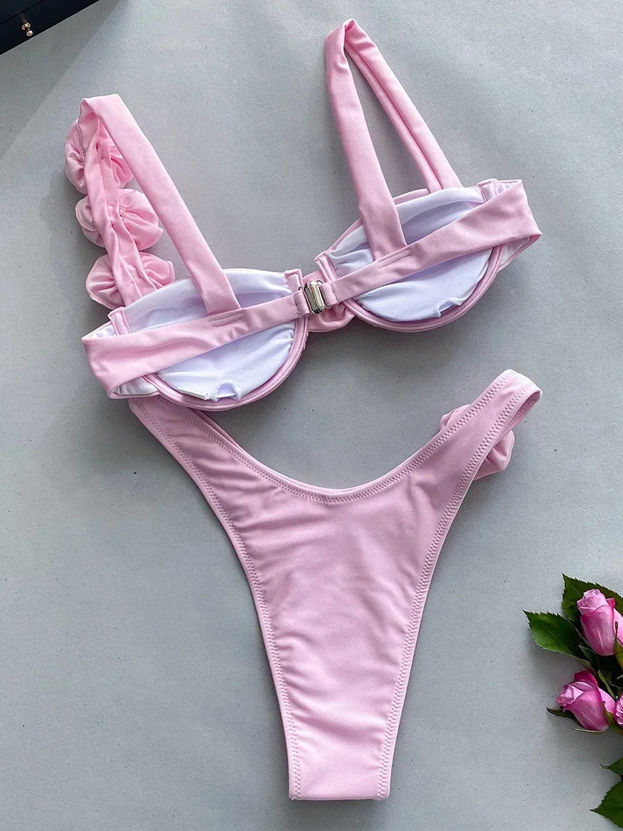 3D Flowers Underwired Brazilian Bikini Women Thong Swimwear Female Swimsuit Two-pieces Bikini Set Push Up Bathing Suit Swim