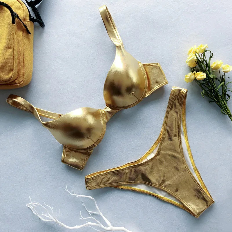 Shiny PU Faux Leather Bikini 2026 Push Up Swimsuit Women Swimwear Female Two-pieces Bikini set Bra Cup Bather Bathing Suit Swim