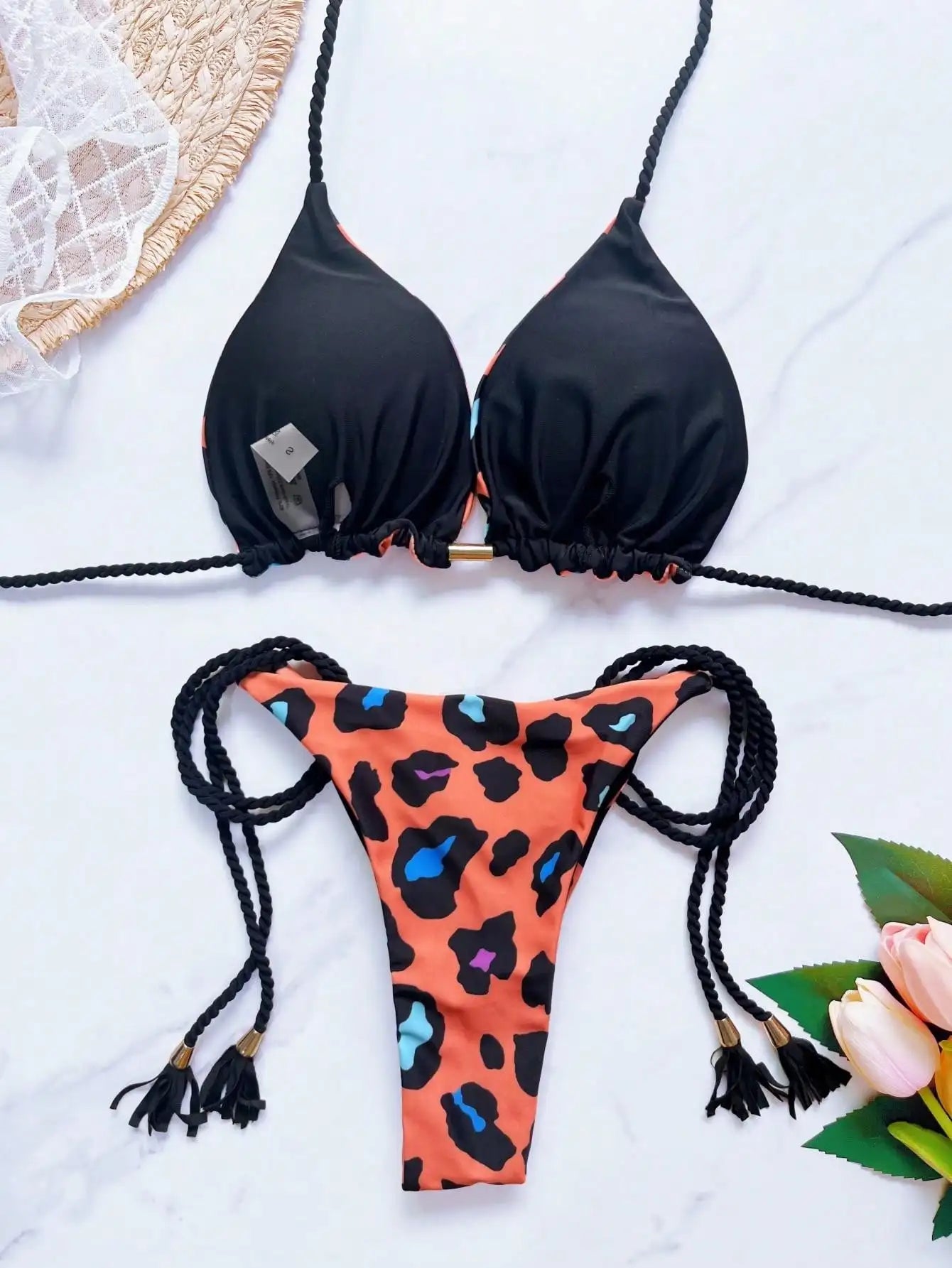2026 Sexy Leopard Print Swimwear Women'S Split Bikini Set Woven Rope Strap Fringe Beach Women'S Two-Piece Swimsuit Bathing Suit