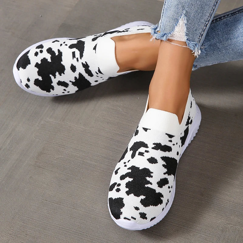 Plus Size 43 Printed Knitted Flats Shoes Women 2026 Breathable Mesh Soft Sole Sneakers Woman Comfy Non Slip Casual Sport Shoes
