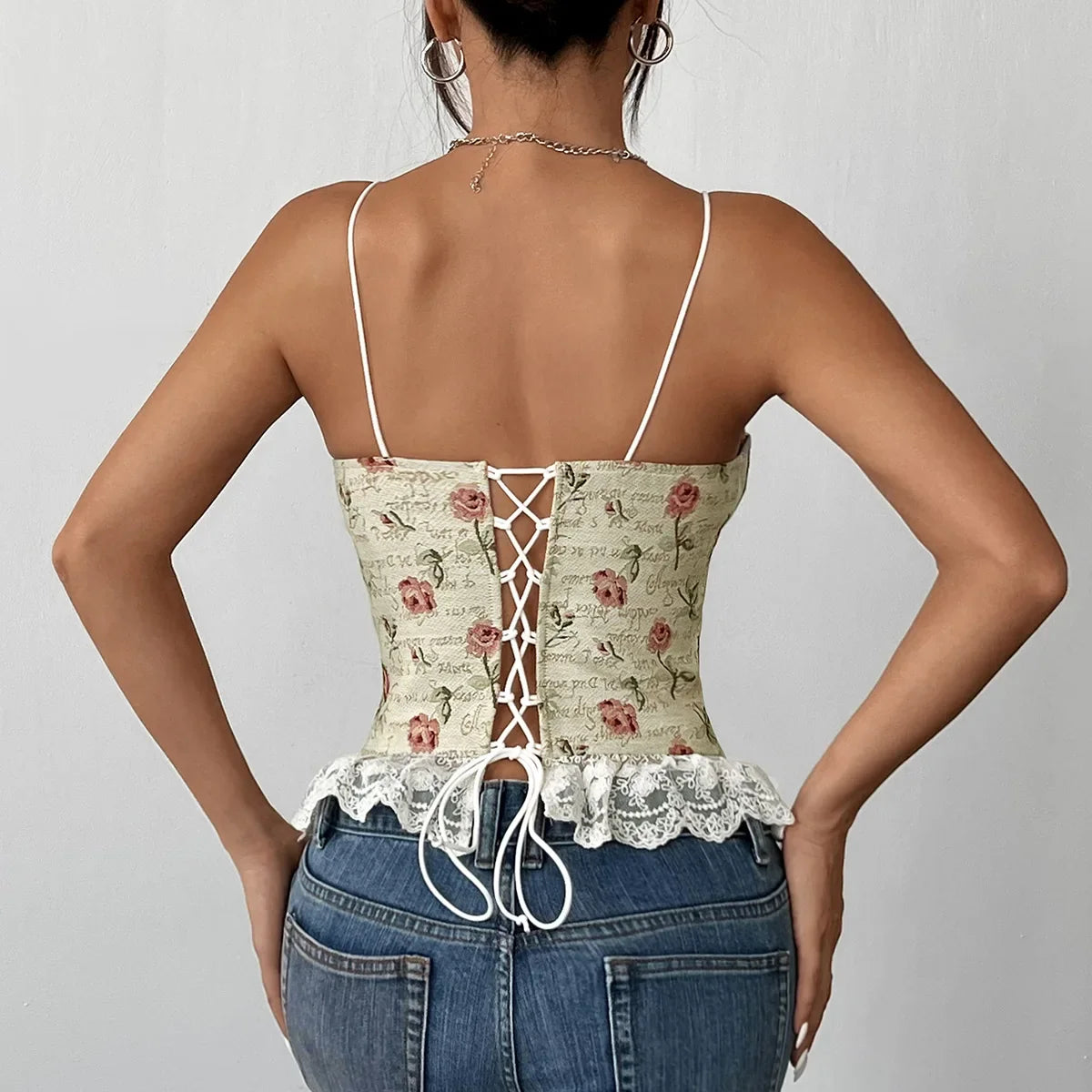 Prairie Chic Style Women's Tank Top French Style Crop Tops Lace Strapless Camisole Lace up Fishbone Corset Lady Summer Outfit