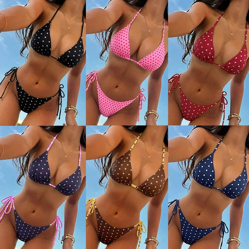 New Retro Polka Dot Tie Side Bikini Set for Women, Sexy Push Up Halter Neck Swimwear, High Waist Beach Bathing Suit, Summer