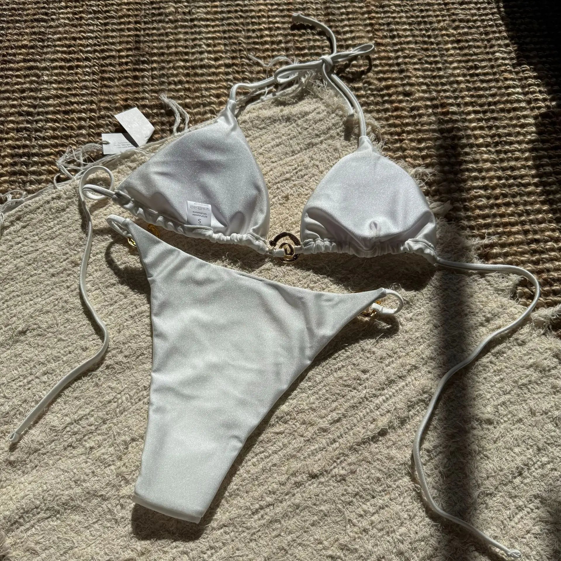 sexy glitter metal halter tie bikinis sets two pieces thong swimsuit bathing suit swimwear biquini bakini tankini trikini