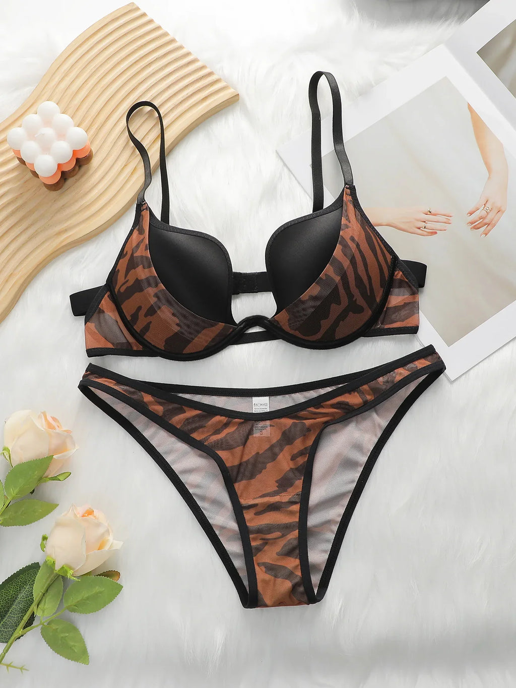 Women's Sexy Leopard Pattern Mesh Hollow Underwear Set Steel Ring Gathering Push Up Bra Women's Daily Underwear Set J2750