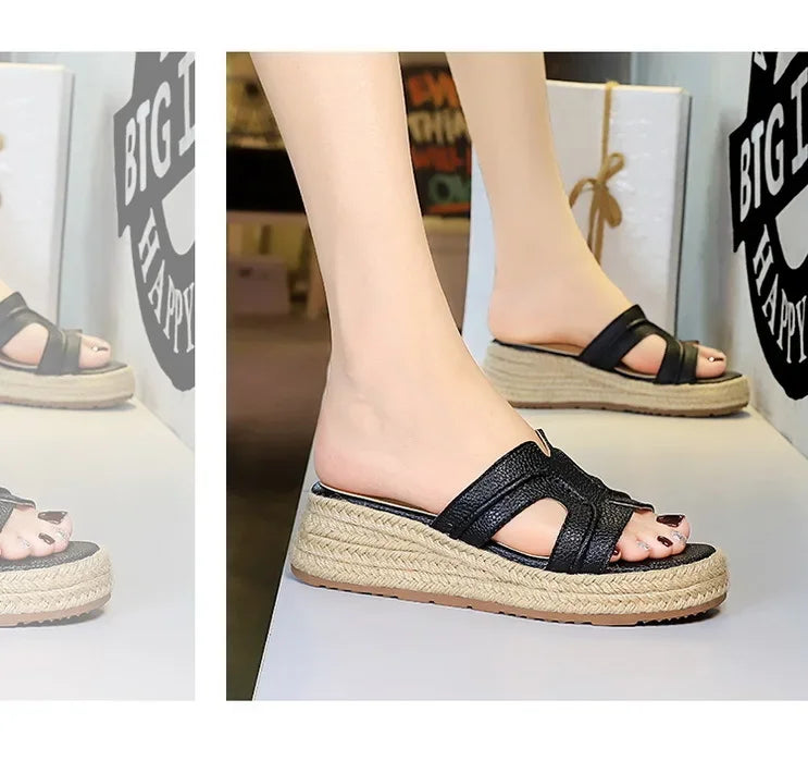 Spring 2025 Women's Slippers Hollow Out Strap Waterproof Thick Heel Woven Rope Country Style Slip-On Shoes Polyurethane Material