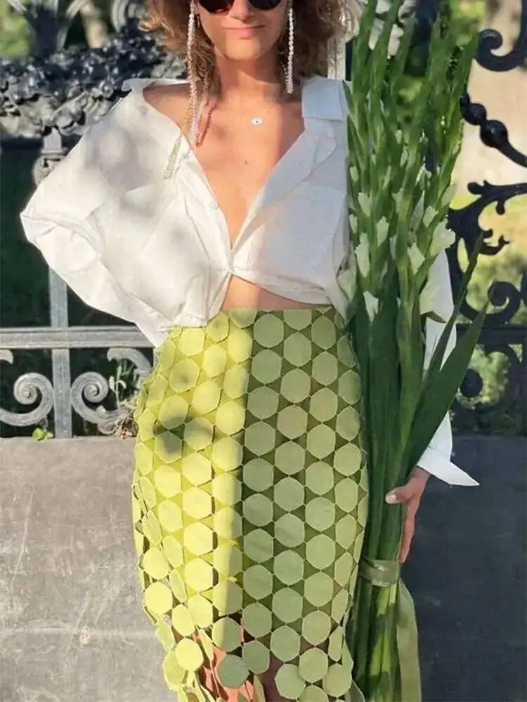 Dot Solid Minimalist Casual Skirt For Women High Waist Patchwork Zipper Irregular Hollow Out Skirts Female Fashion New OPM8