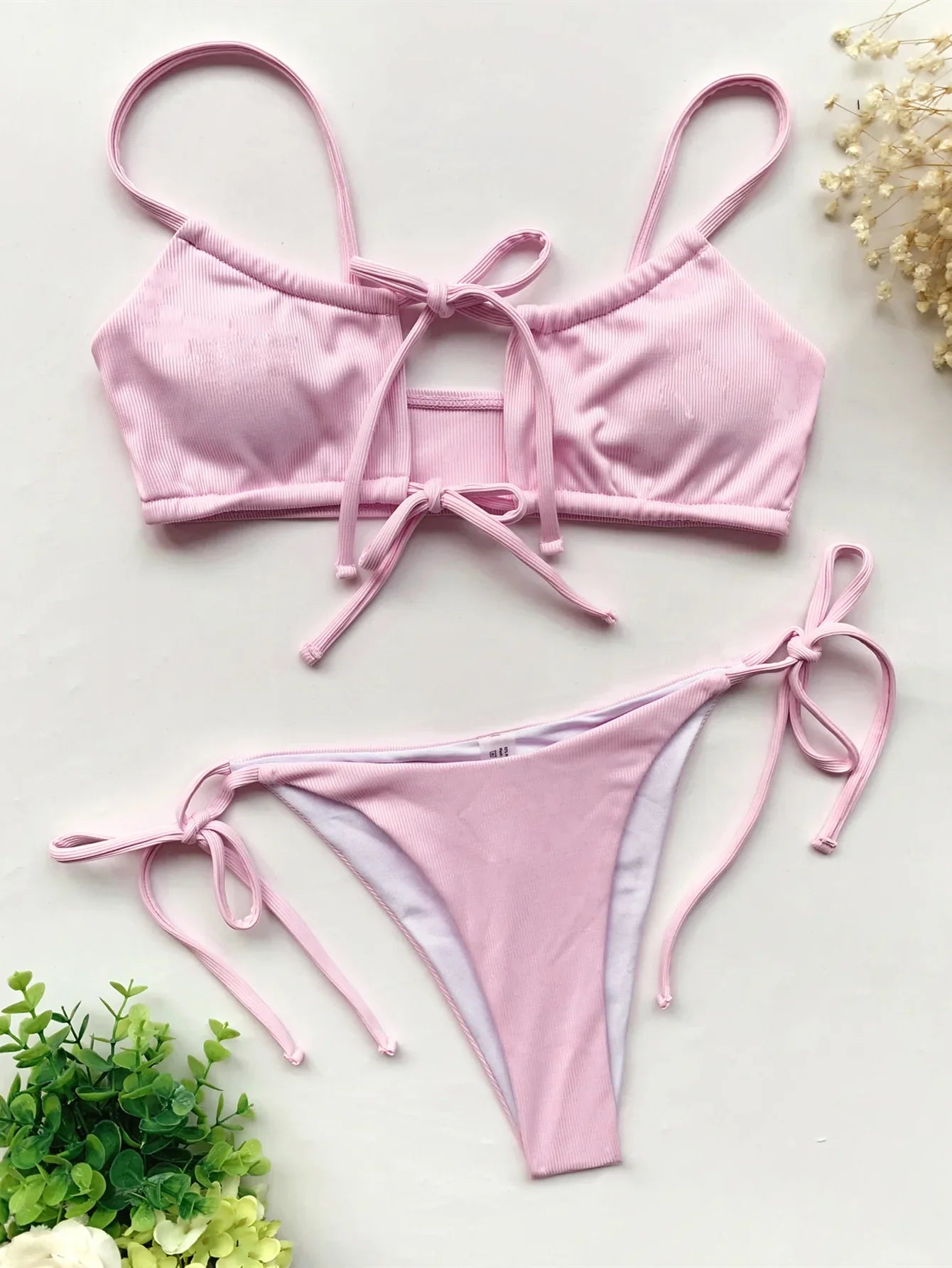 sexy solid ribbed bow tie bikinis sets two pieces hollow thong swimsuit bathing suit swimwear biquini bakini tankini