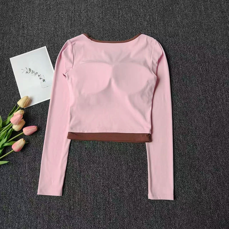 Autumn New Contrasting Yoga Suit for Women with Chest Pad Top Slim and Slim Pilates Running Sports Fitness Long Sleeves Shirts