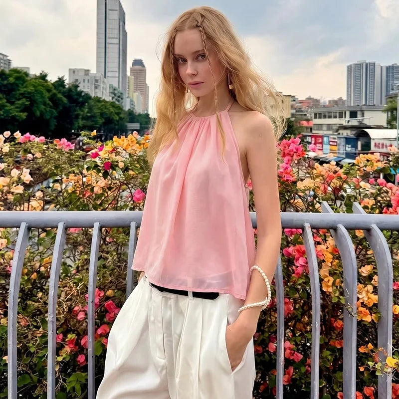 FDYOUI Women's Halter Off Shoulder Camisoles 2026 Summer Sexy Lace-up Backless Pink Tank Top Girls Loose Solid Tops Streetwear