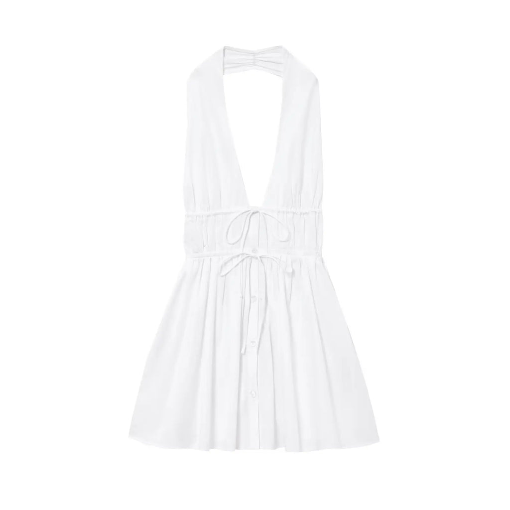 Bowknot White Backless Beach Summer Women's Dress Deep V Neck Cotton Short Vestidos Sexy Sleeveless Halter New in Dress 2025
