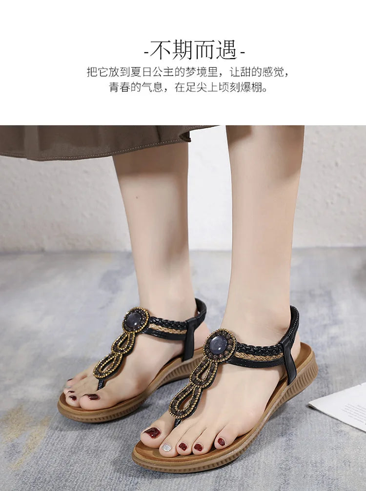 2026 New Shoes for Women Bohemia Crystal Sandals Women Shoes Rhinestone Lady Flip Flops Pearl Slip on Flat Beach Shoes