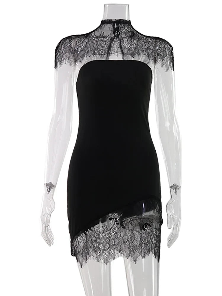 Ahagaga Sexy Women's Mini Dresses Solid Patchwork Lace Slash Sleeveless Sheath Bodycon Sheer Regular Casual Streetwear Vestidos