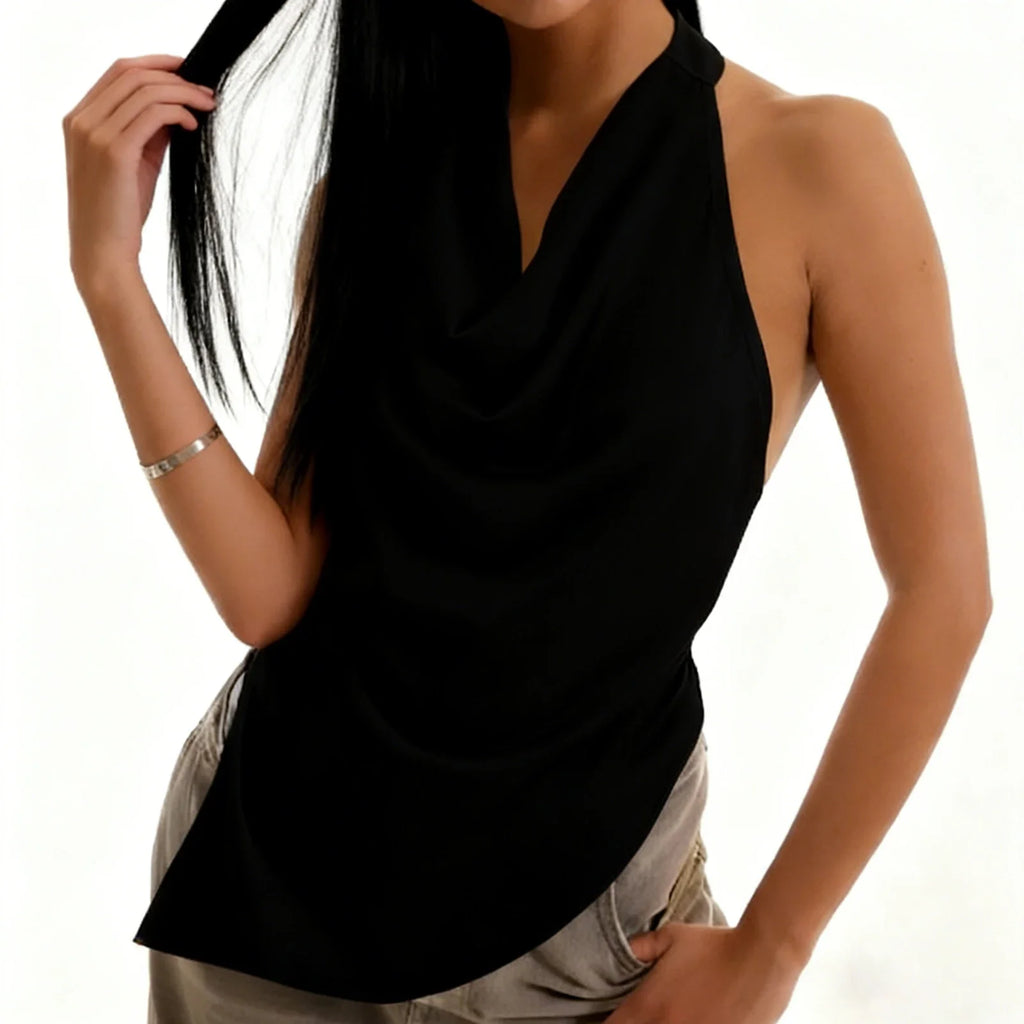 Women’s Solid Color Satin Cowl Neck Halter Tops Summer Fashionable Backless Slim Fit Going Out Vest