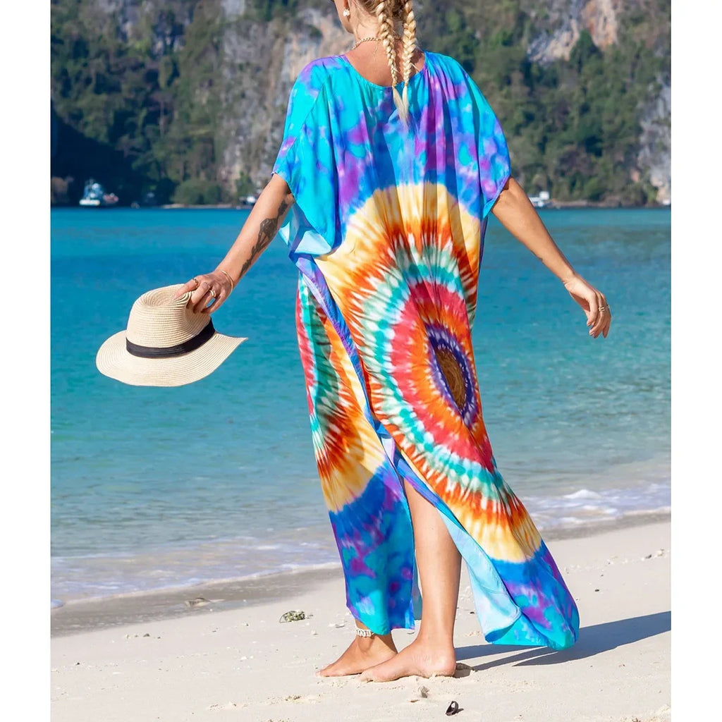 2026 New Colorful Kaftan Tunic Beach Dress Beach Wear Beachwear Beach Cover Up Cover-upsLoose Maxi Dress Female Women V4428