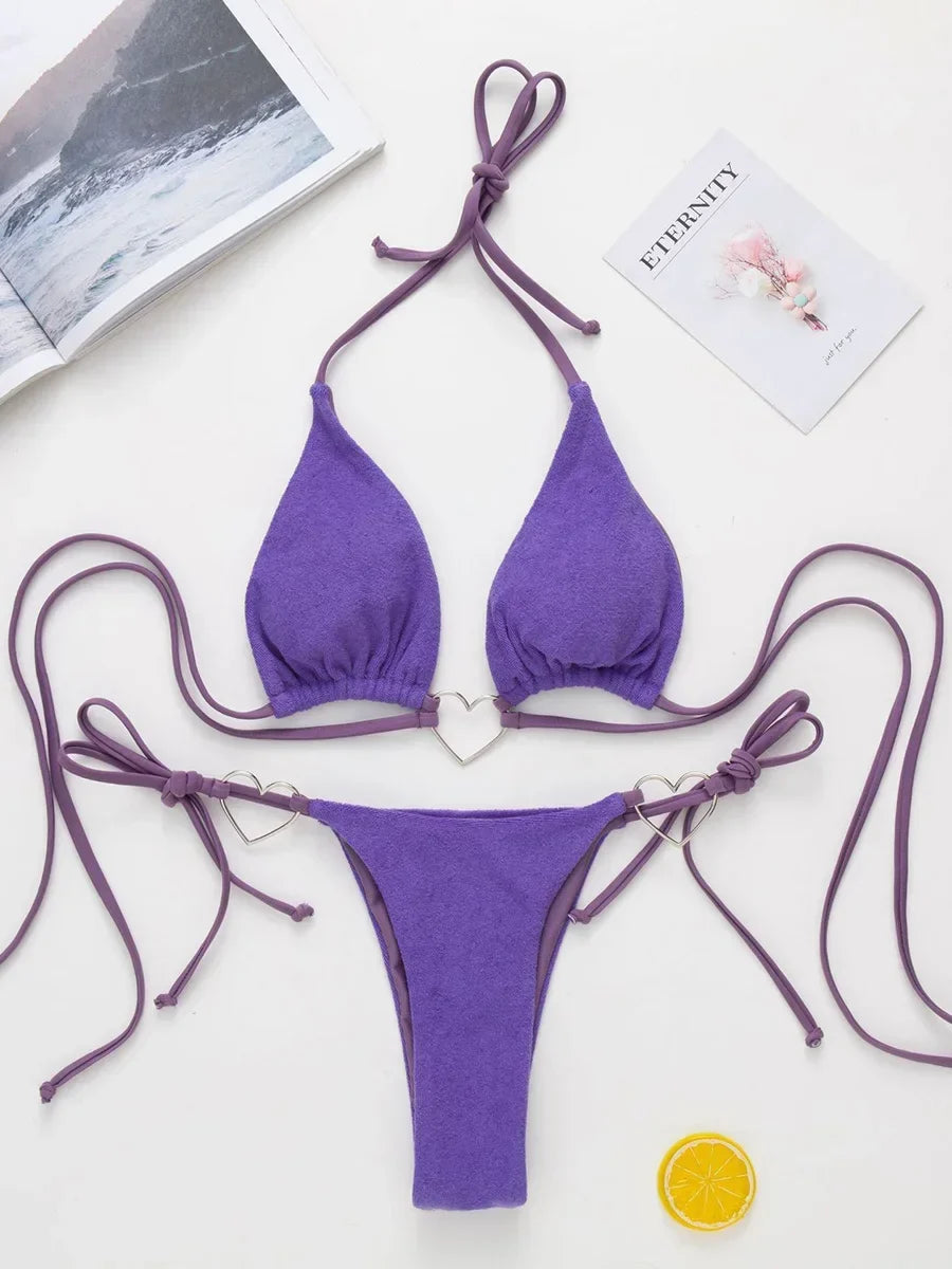 Love Shaped Metal Rings Bikinis Halter Velvet Bikini Women Swimwear Female Swimsuit Two-pieces Bikini Set Bathing Suit Swim Lady