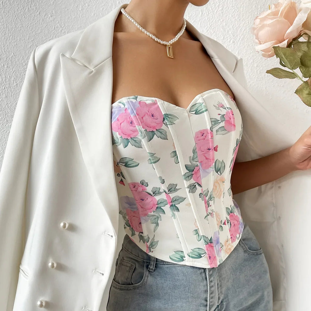 Summer Women Floral Y2K Crop Tops Printed Sleeveless Fishbone Corset Woman Sexy Backless Slim Strapless Streetwear Camisole