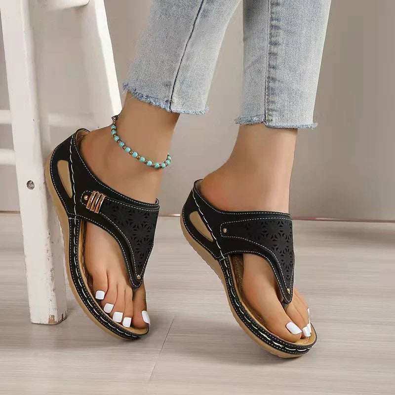 Summer Women's Wedge Sandals 2023 Clip Toe Orthopedic Arch Support Sandals Woman Pu Leather Non-Slip Soft Platform Flip Flops