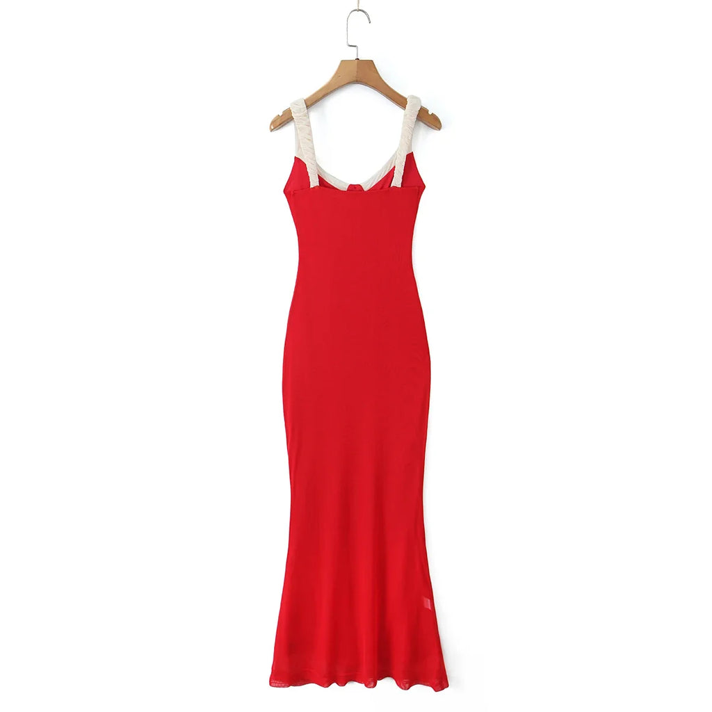 V Neck Spaghetti Strap Red Party Women's Dress Flower Decor Elegant Sleeveless Bodycon Maxi Vestidos 2025 Beach Casual Long Robe