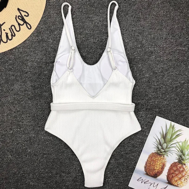 V Neck Ribbed High Cut Women Swimwear One Piece Swimsuit Female Backless Monokini with Waist Belt Bathing Suit Swim Beachwear