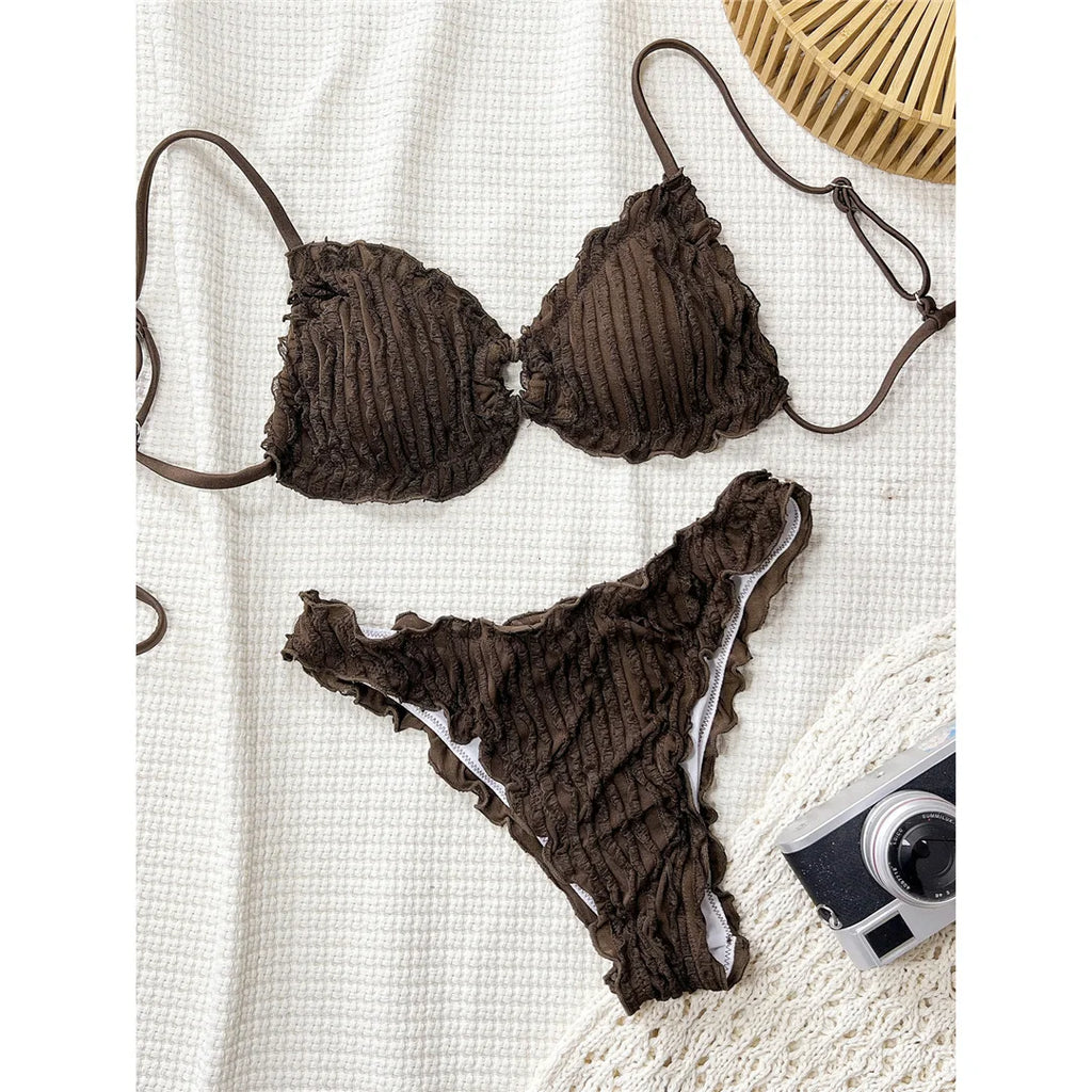 Wrinkled Crinkled Frilled Bikini Female Swimsuit Women Swimwear Two-pieces Bikini set Brazilian Bather Bathing Suit Swim V8053