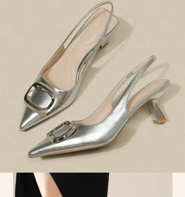 Brand Woman Slingback Shoes Fashion  Spring New Ladies High Heels Elegant Med Heel Pointed Toe Slip on Sandal Mules