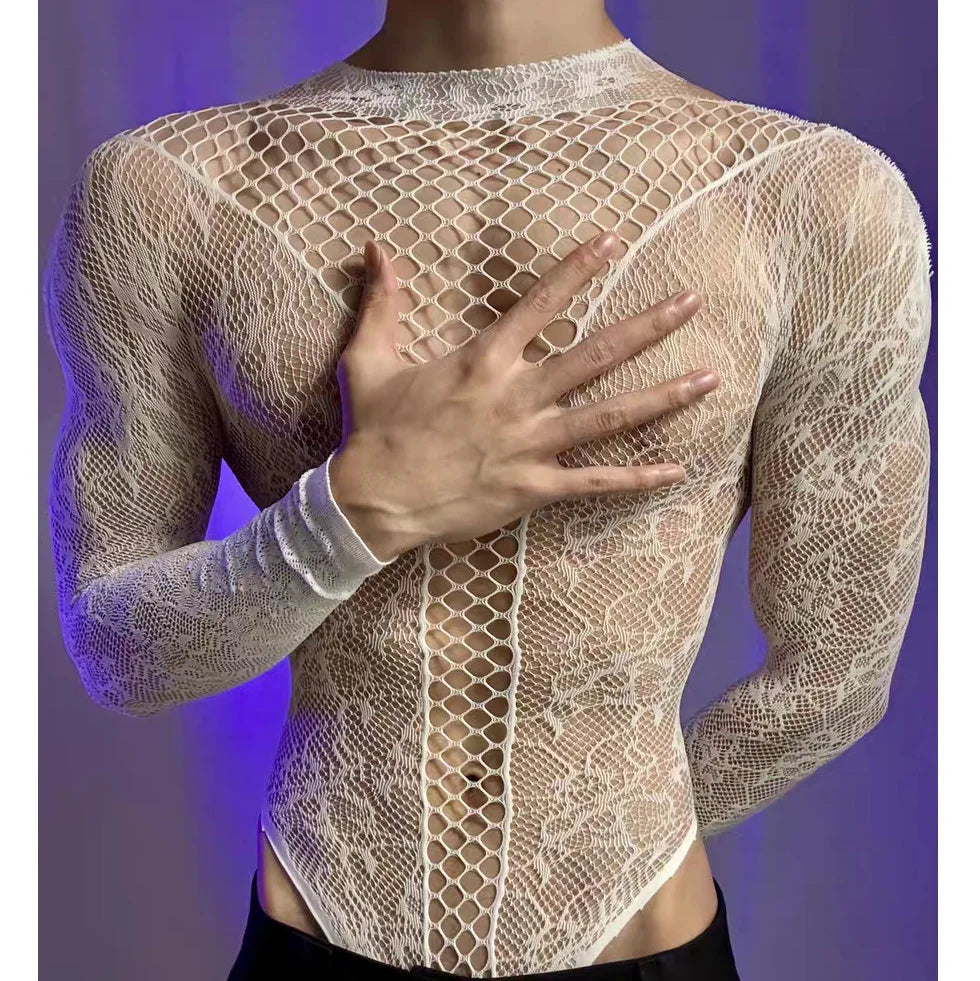New American Style Fashion Men Vests Tops Crew Neck Sexy Hollow  Mesh Bodysuit Casual  Long Sleeve Tank Clubwear Party Costume