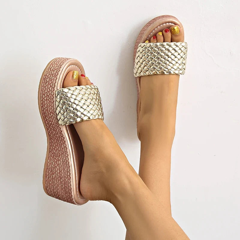 2026 Gold Woven Band Wedge Heeled Sandals Women Plus Size 43 Summer Platform Slippers Woman Light Thick Sole Rome Sandalias