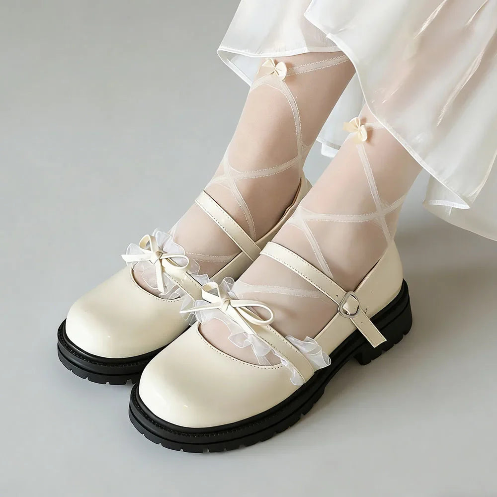 2026 Plus size 47 Sweet Blue Lace Ruffles Mary Janes Shoes Women Gothic Black Bow Knot Cute Lolita Cosplay Flats Casual Shoes