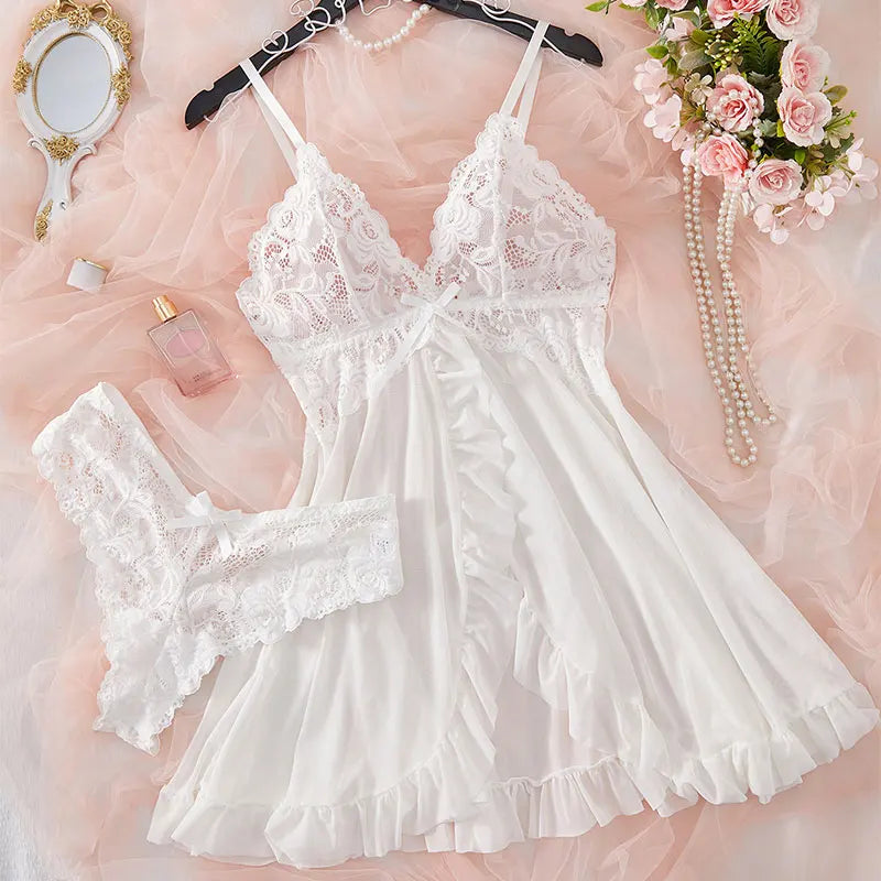 Summer Soft Sheer Nighty Pajamas Nightgowns Dark Green Halter Dress Women Sleepwear Sexy Nightdress Thong Sets