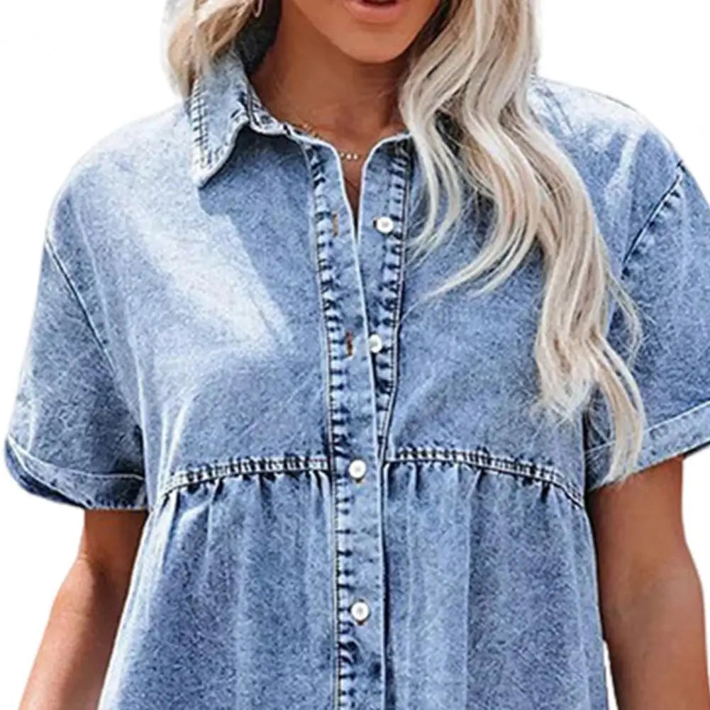 Faux Denim Button-down Mini Dress Women Summer Dress Short Sleeves A-line Lapel Patchwork Dress for Dating Commuting Party