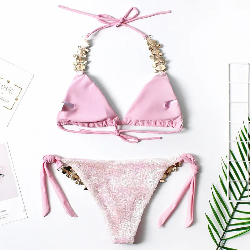 Shiny Sequins Rhinestone Diamond Bikini Women Swimsuit Female Swimwear Two Pieces Bikini Set Halter Bather Bathing Suit Swim