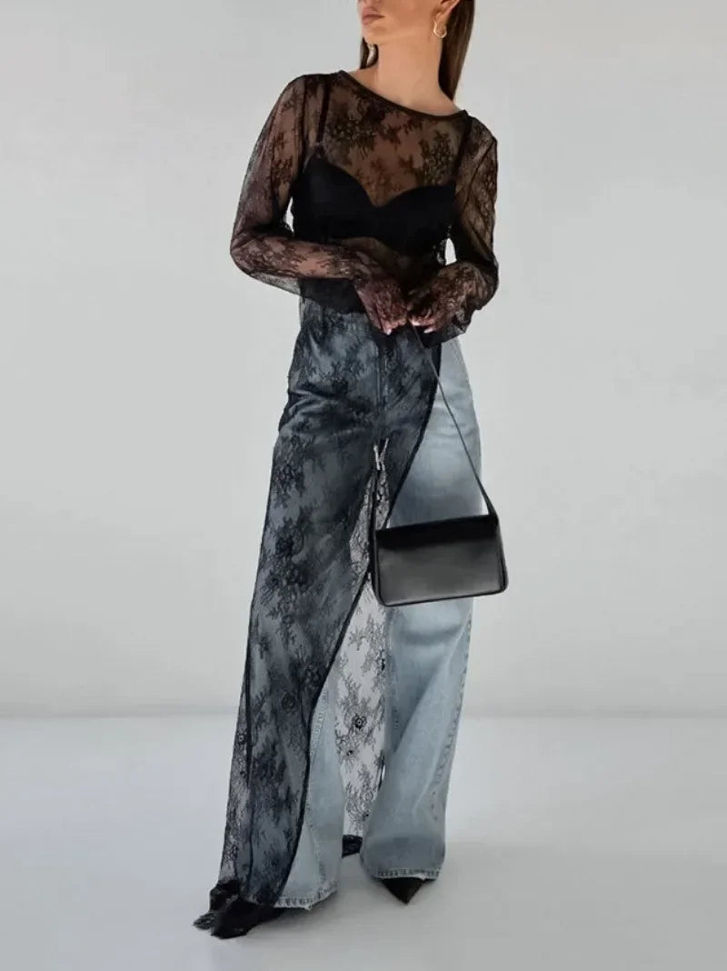 Woman Clothing 2026 O-neck Hollow Out High Slit Long Maxi Lace Dress Black Streetwear Ladies See-through Black T-shirt Dresses